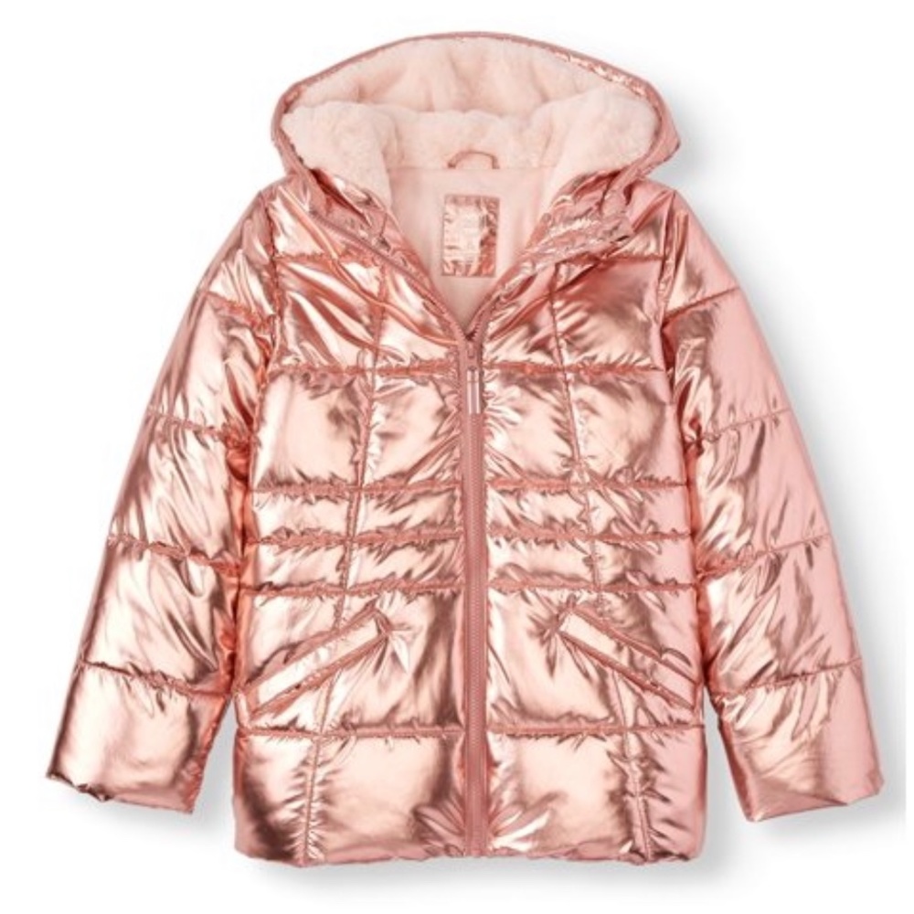 SALE ‼️Wonder Nation Girls Rose Gold Metallic Hooded Bubble Puffer Jacket XL EUC